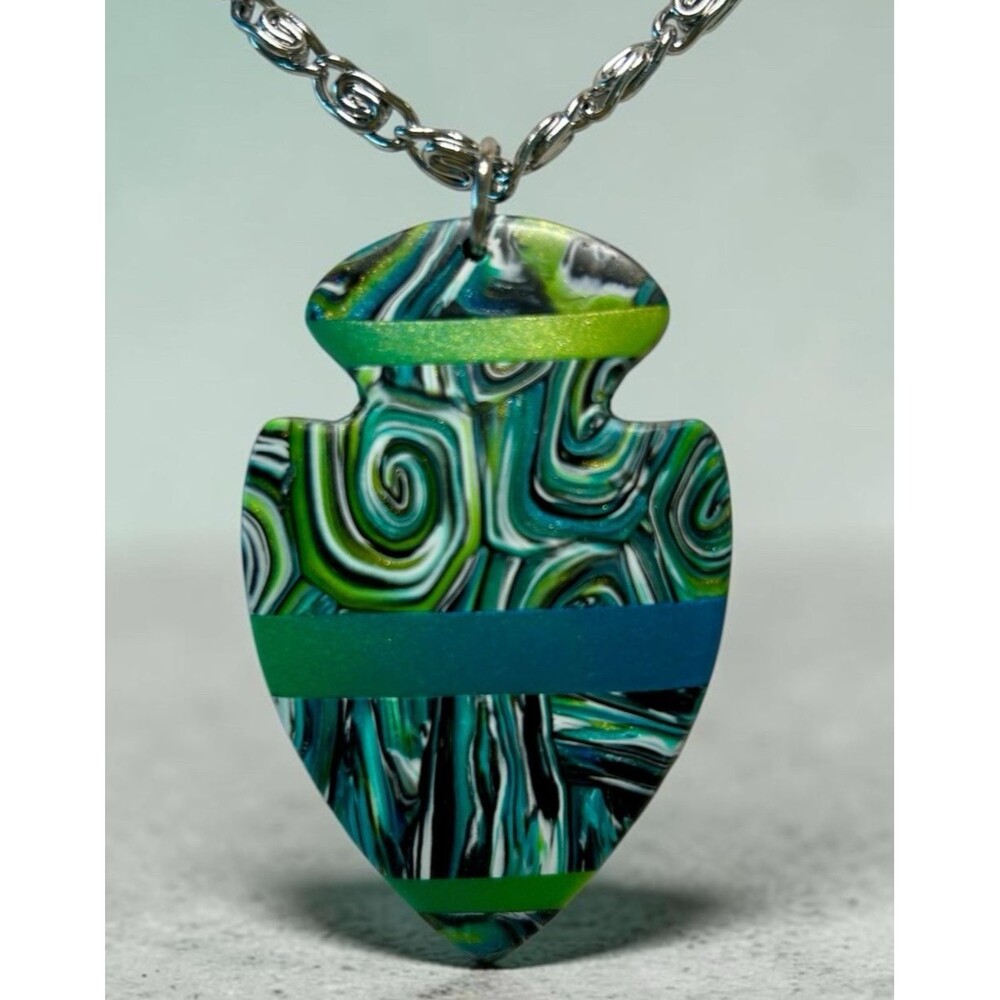 Handmade Blue & Green Abstract Print Polymer Clay Large Pendant Necklace Chain